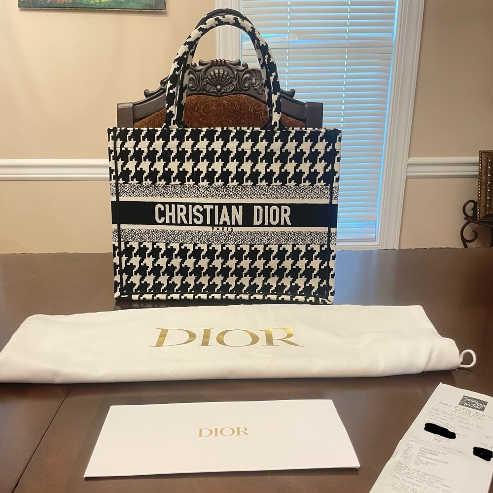 CHRISTIAN DIOR Canvas Macro Houndstooth Embroidered Medium Book Tote Black White